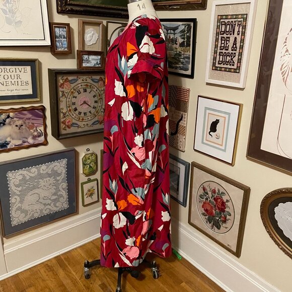 Vintage Sears Red 100% Cotton Floral Short Sleeve Midi Dress with Pockets Size L - Picture 2 of 4